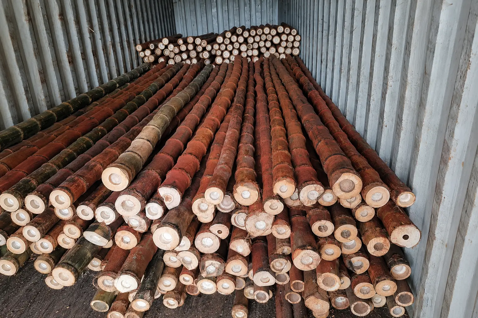 Raw brown bamboo poles stacked inside a metal shipping container for transport.